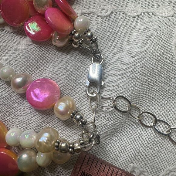 Triple Layer Statement Necklace Genuine Freshwater Pearls Hot Pink & Orange - Picture 7 of 7